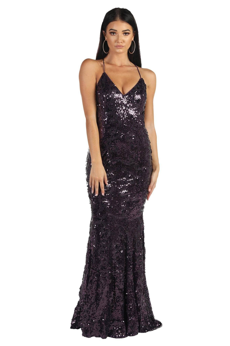 Leona Sequin Beaded Lace Up Gown Dark Purple Noodz Boutique