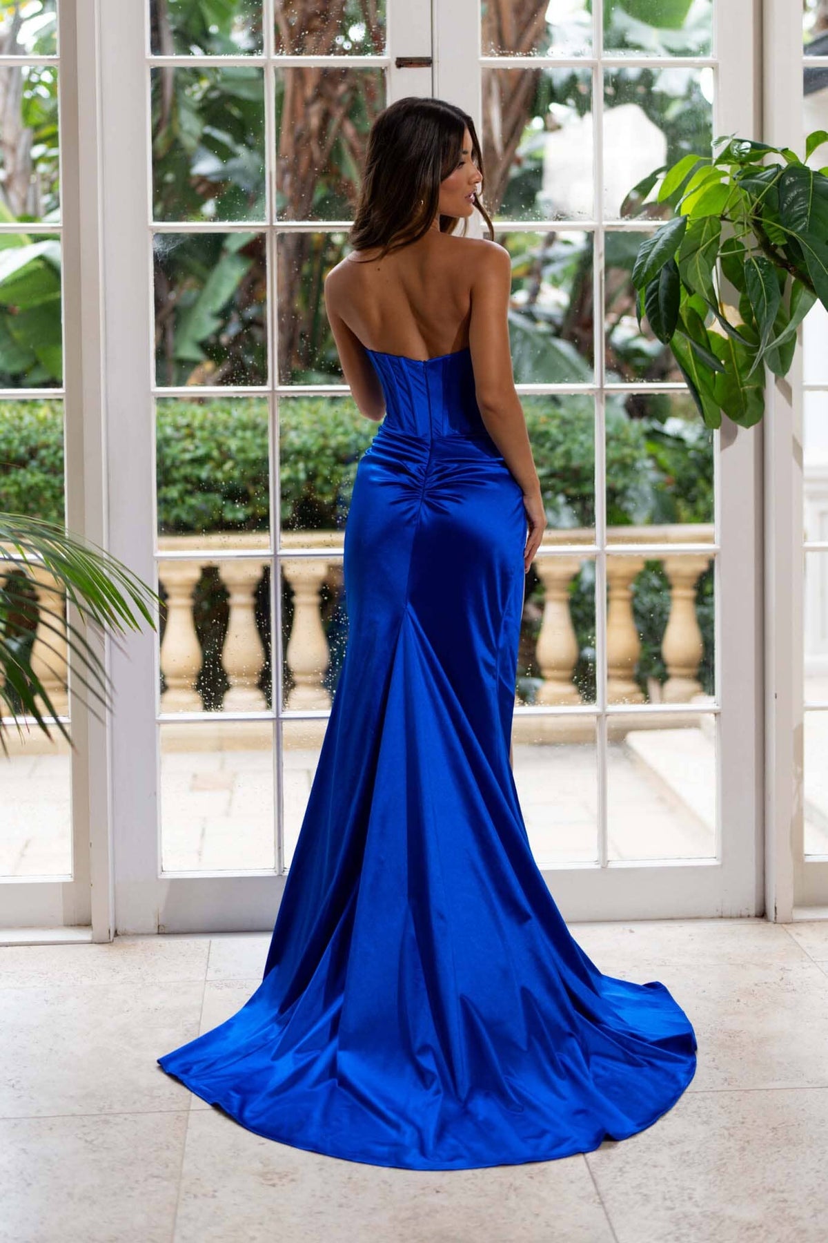 Royal Blue Strapless Fitted Evening Gown with Corset Style Bodice, Thigh High Side Slit and Sweep Train