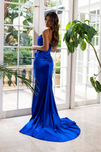 Royal Blue Strapless Fitted Evening Gown with Corset Style Bodice, Thigh High Side Slit and Sweep Train