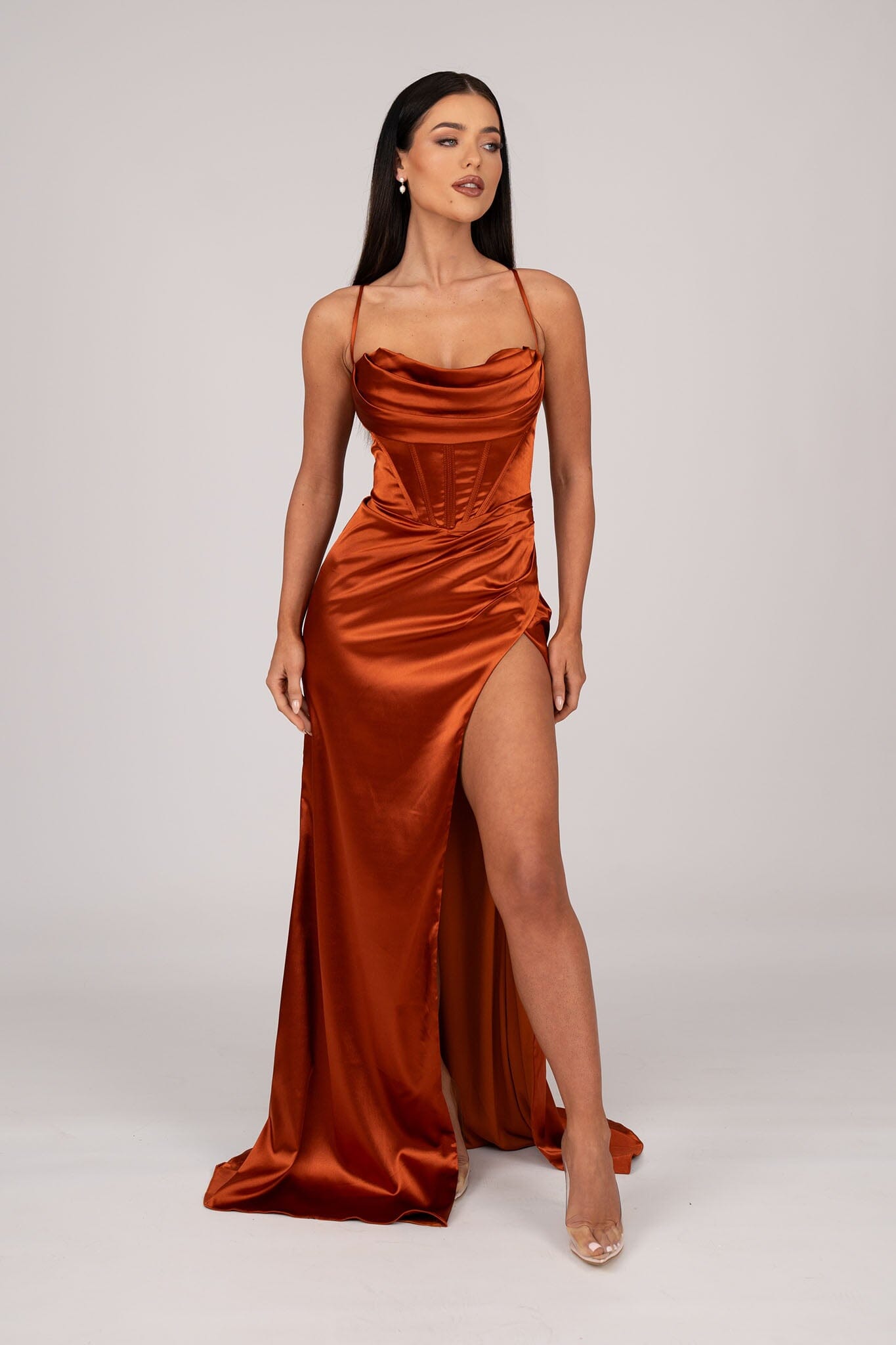 AYANA Corset Satin Gown Burnt Orange Noodz Boutique