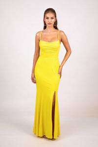 Yellow Fitted Evening Gown with Cowl Neckline, Side Split and Thin Shoulder Straps