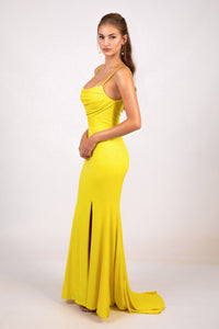 Side Image of Yellow Fitted Evening Gown with Cowl Neckline, Side Split and Thin Shoulder Straps