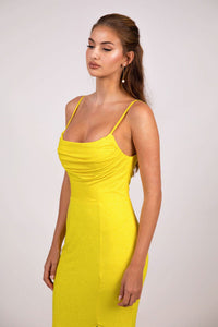 Close Up of Yellow Fitted Evening Gown with Cowl Neckline, Side Split and Thin Shoulder Straps