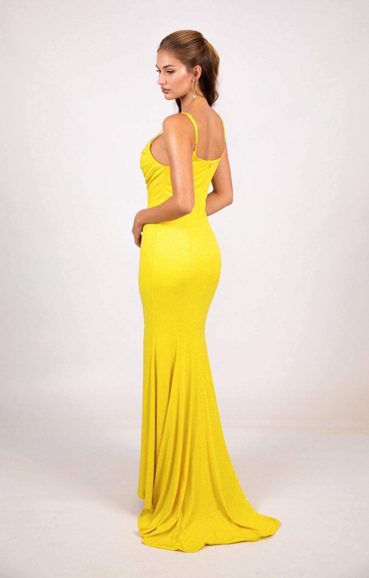 Yellow Fitted Evening Gown with Cowl Neckline, Side Split, Thin Shoulder Straps and Small Train