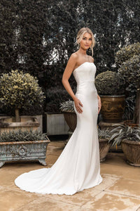 Ivory White Silky Satin Long Gown with Straight Strapless Neckline, Form-Fitting Bodice, Flared Mermaid Skirt and Moderate Train