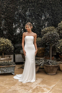 Ivory White Silky Satin Long Gown with Straight Strapless Neckline, Form-Fitting Bodice, Flared Mermaid Skirt and Moderate Train