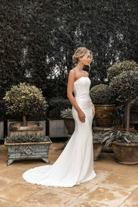 Ivory White Silky Satin Long Gown with Straight Strapless Neckline, Form-Fitting Bodice, Flared Mermaid Skirt and Moderate Train