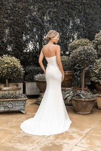 Back Image of Sweeping Train of Ivory White Silky Satin Long Gown with Straight Strapless Neckline, Form-Fitting Bodice and Flared Mermaid Skirt