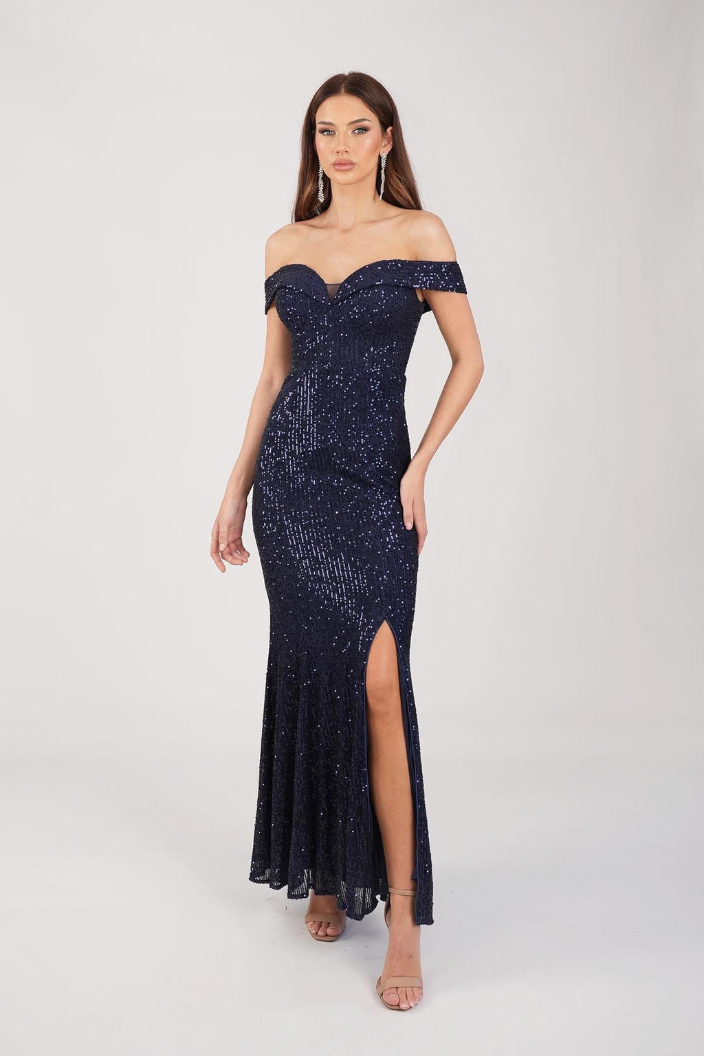 Astrid Off Shoulder Sequin Maxi Dress Navy Noodz Boutique