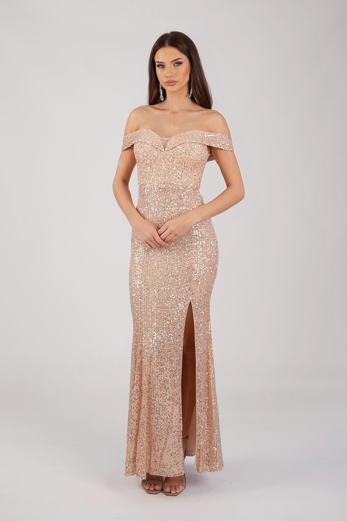 Astrid Off Shoulder Sequin Maxi Dress Rose Gold Noodz Boutique