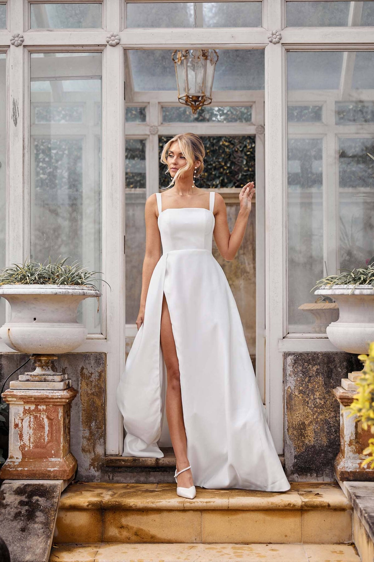 A-line Satin Bridal Gown with Square Neckline, Shoulder Straps and High Side Slit