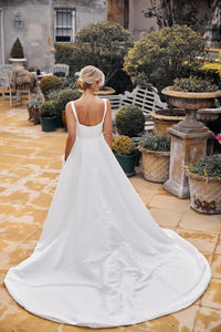 Back Image showing Half Open Back Design of A-line Satin Bridal Gown with Square Neckline and Shoulder Straps