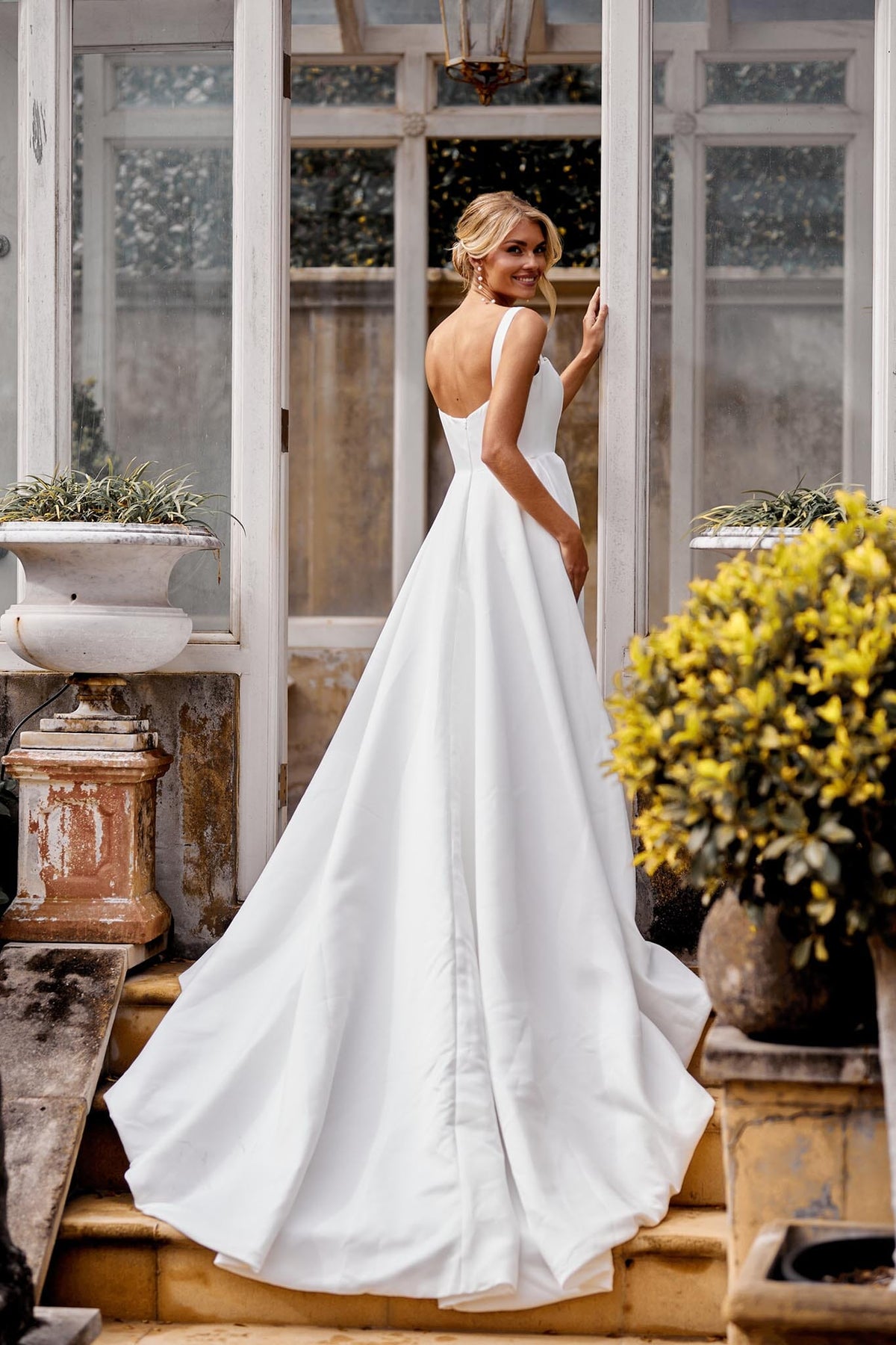 Back image of A-line Satin Bridal Gown with Square Neckline, Shoulder Straps and Side Split