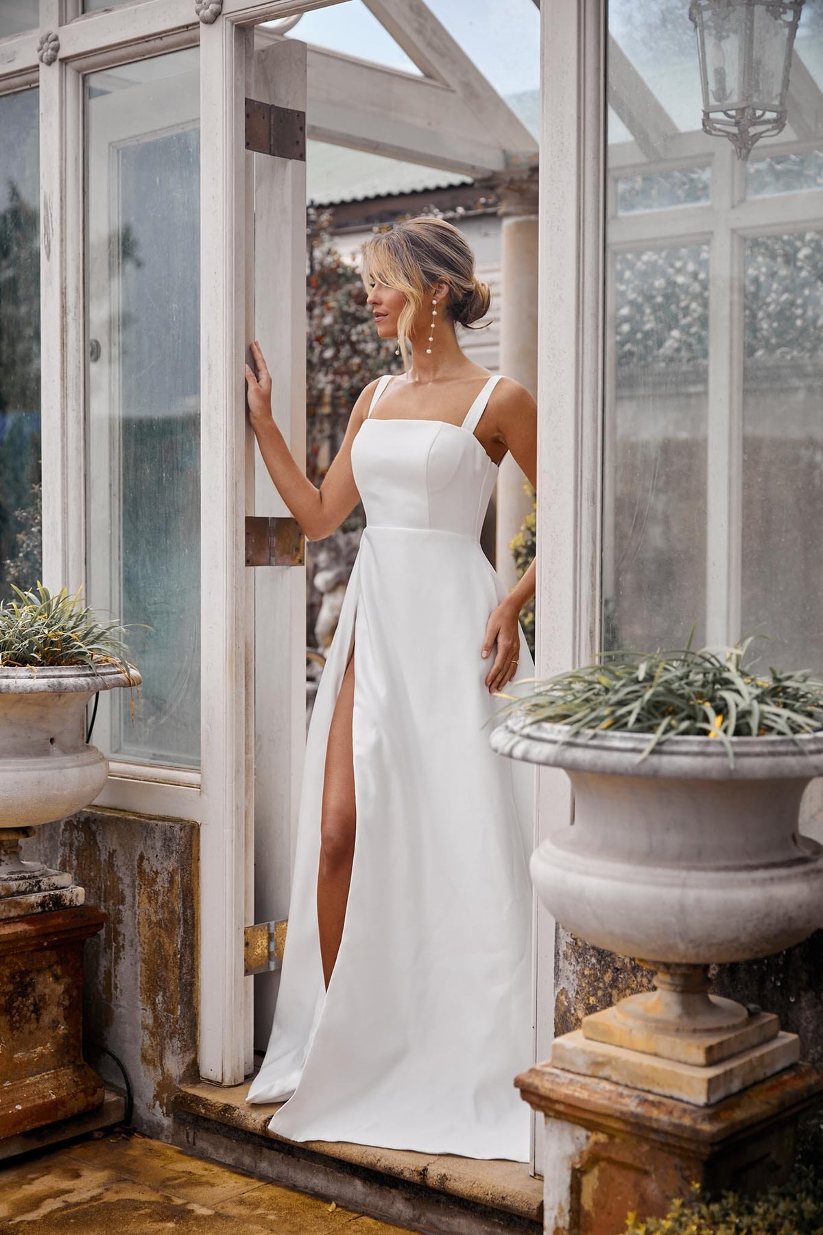 A-line Satin Bridal Gown with Square Neckline, Shoulder Straps and Side Split