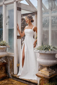 A-line Satin Bridal Gown with Square Neckline, Shoulder Straps and Side Split