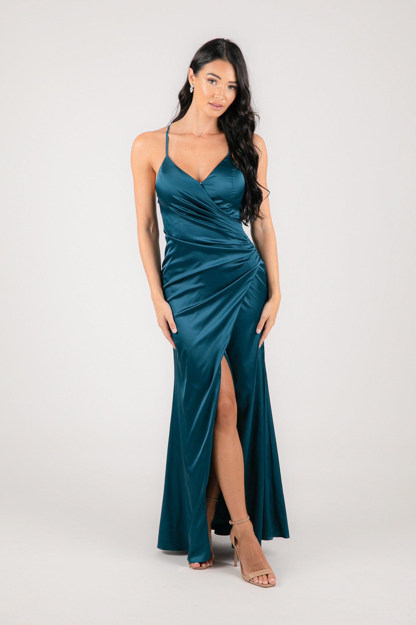 Teal satin hot sale dress