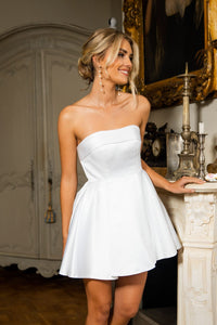 White Satin Strapless Mini Dress with Fold Detail and Flared Skirt