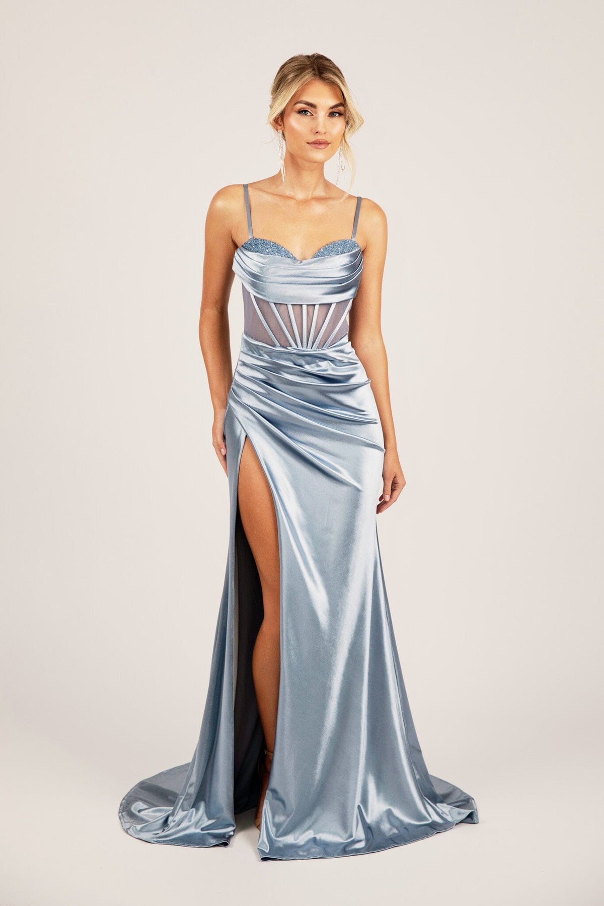 Silver Blue Stretch Satin Corset Formal Gown with Sheer Bodice, Cowl and Beading Detail at Neckline and High Slit