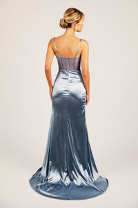 Sheer Back Bodice Design of Silver Blue Stretch Satin Corset Formal Gown with Sheer Bodice, Cowl and Beading Detail at Neckline and High Slit