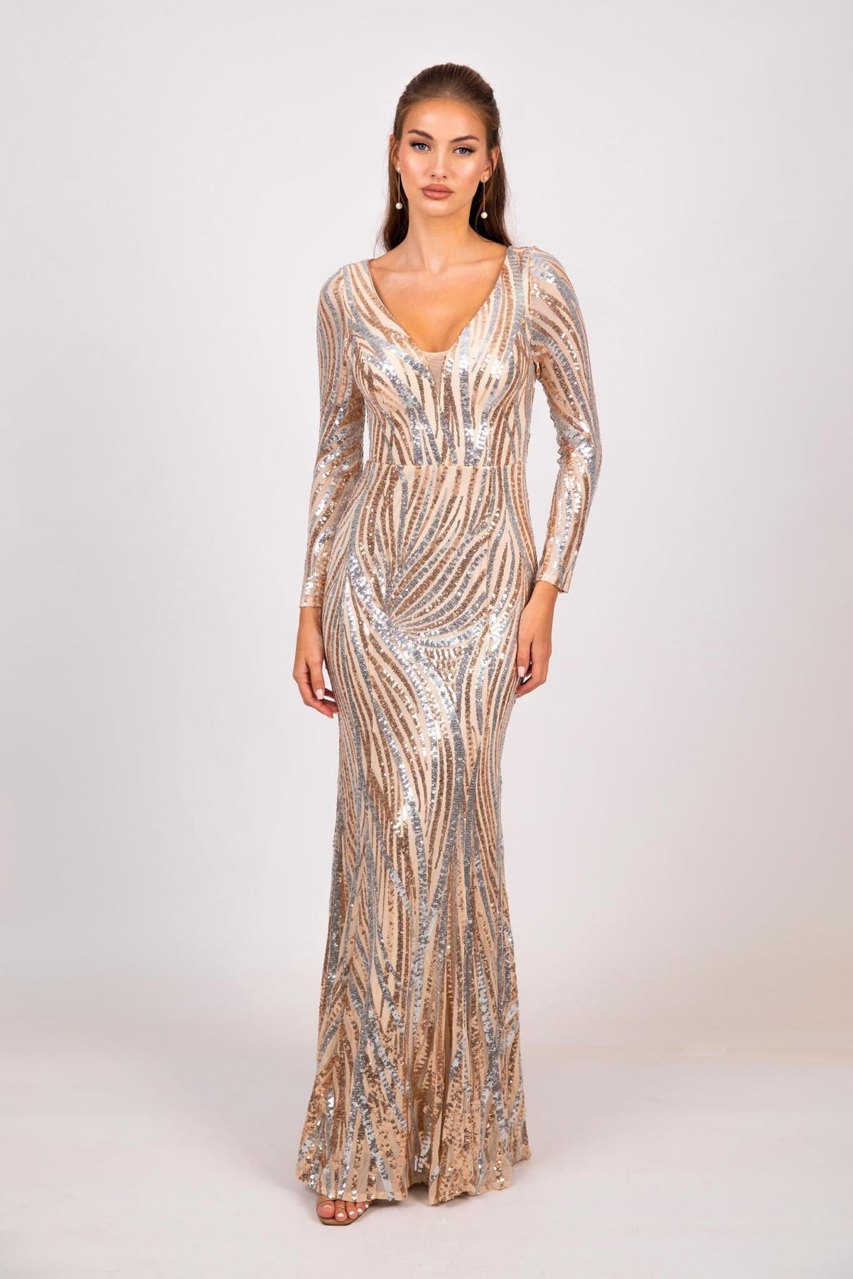 Evangeline Pattern Sequin Gown - Champagne