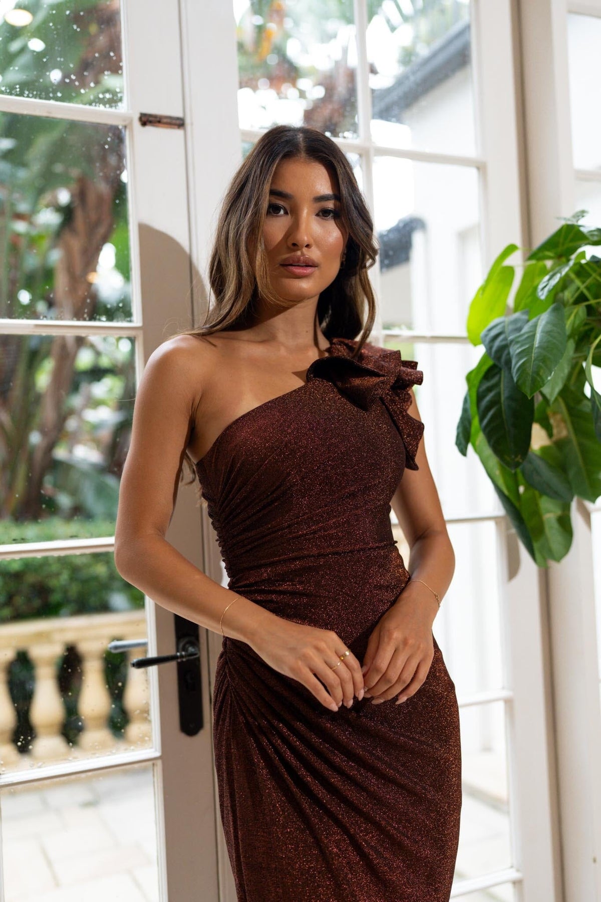 Shimmer Copper Brown One Shoulder Formal Maxi Dress with Frill and Gathered detailing