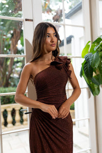 Shimmer Copper Brown One Shoulder Formal Maxi Dress with Frill and Gathered detailing