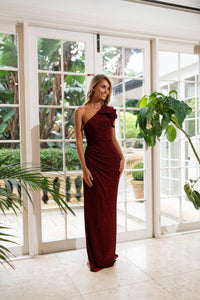 Shimmer Maroon Deep Red One Shoulder Formal Column Maxi Dress with Frill and Gathered detailing and Side Slit