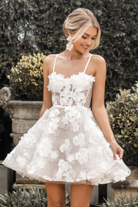 White Mini Dress featuring hand-sewn 3D flower appliques over flower lace, sheer corset bodice, layered tulle puffy skirt and thin shoulder straps 