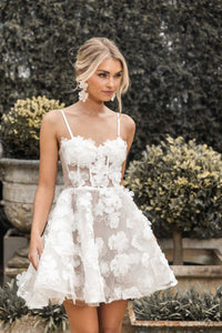 White mini dress featuring hand-sewn 3D flower appliques over flower lace, sheer corset bodice, layered tulle puffy skirt, thin shoulder straps and lace up back