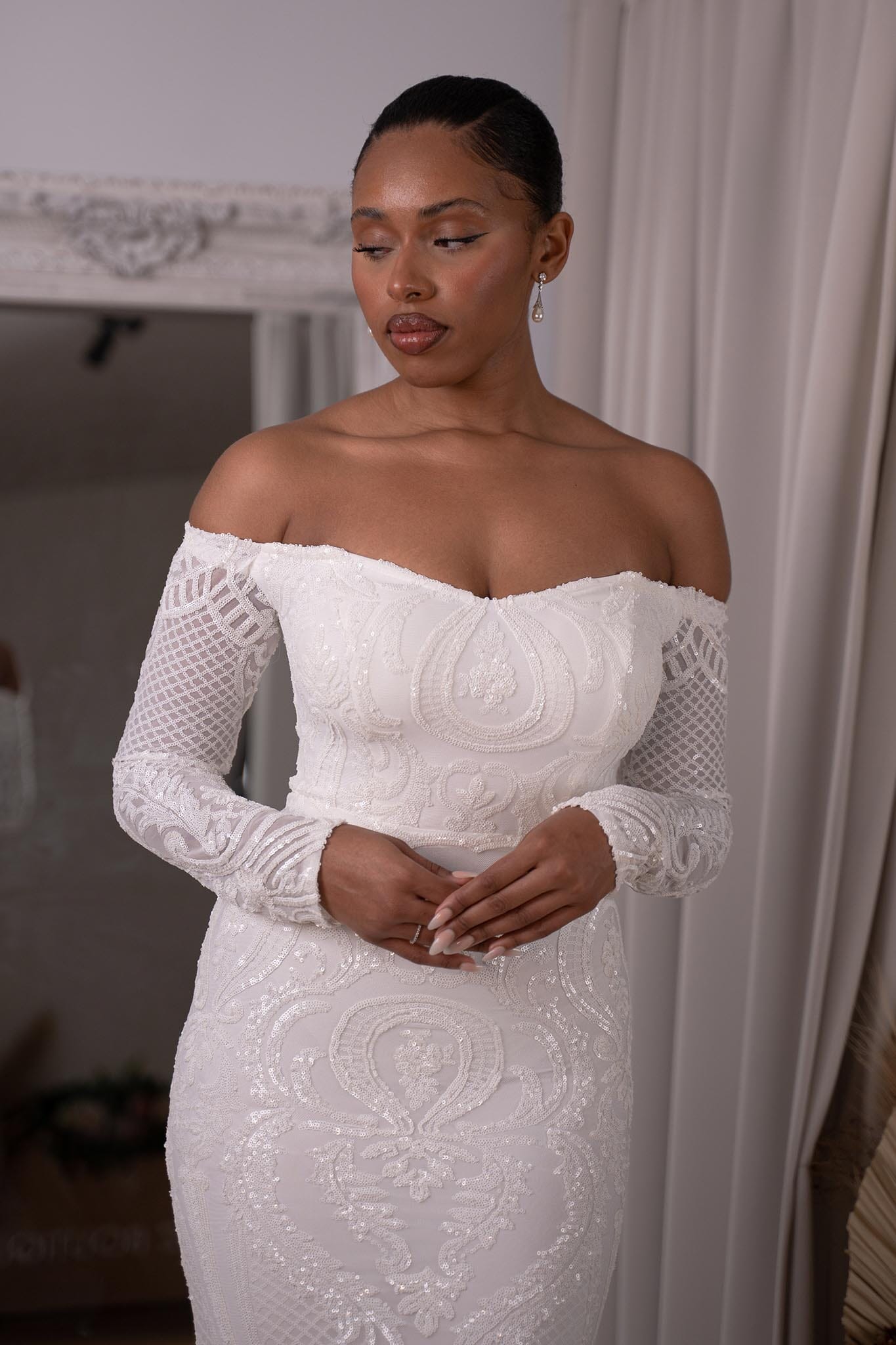 Wedding gown off on sale shoulder lace sleeves