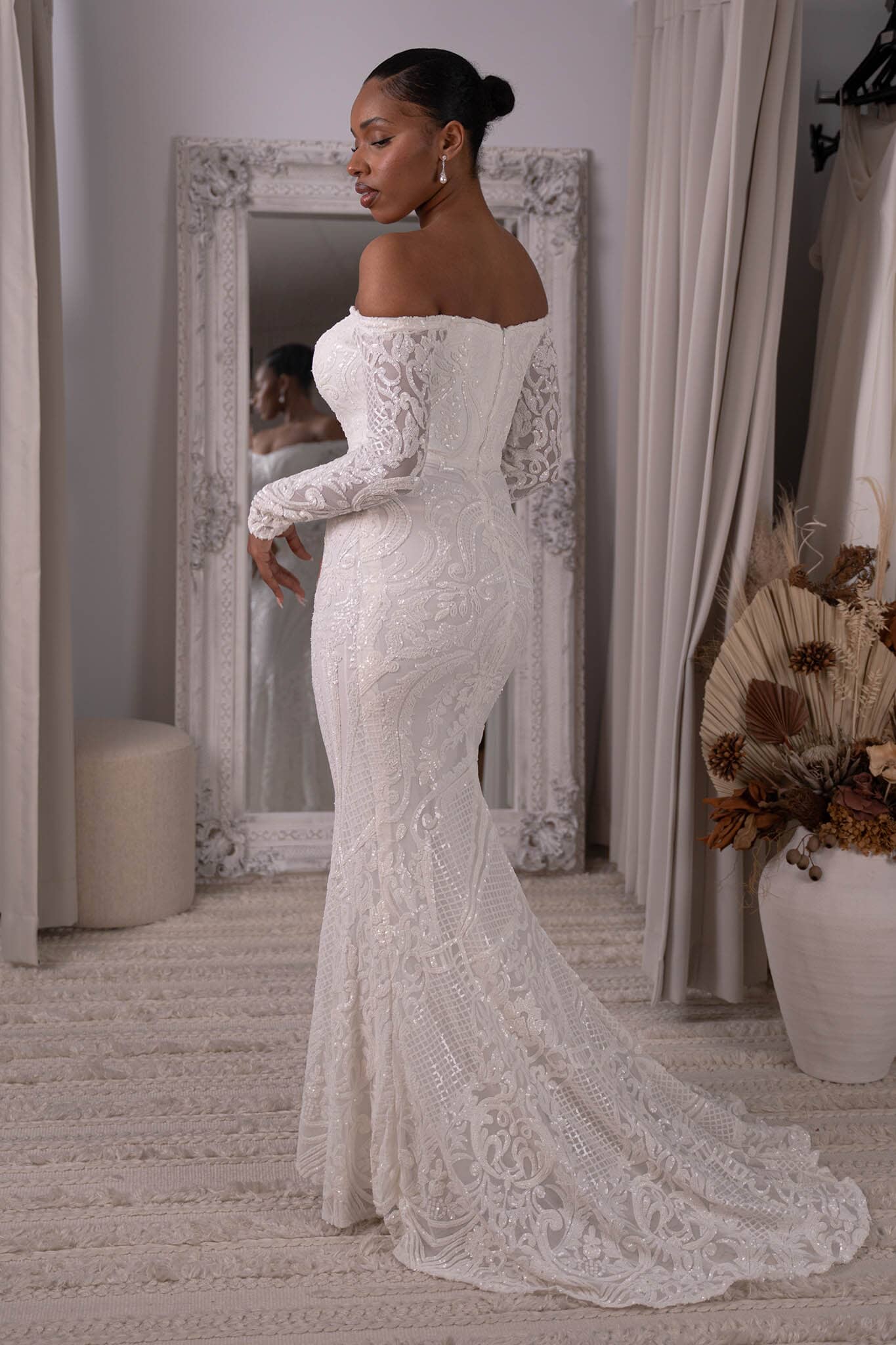 Off the shoulder lace store wedding dress with sleeves