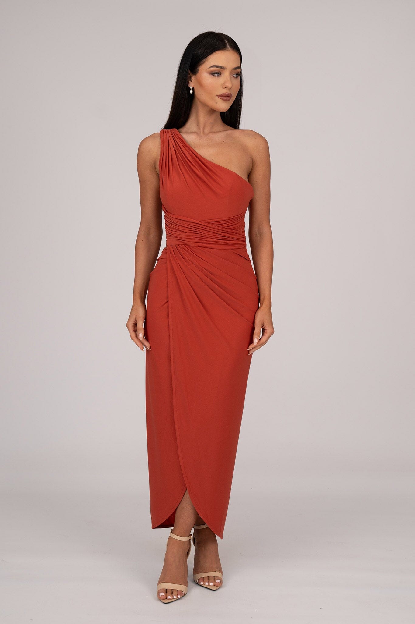 Hayden One Shoulder Midi Dress Burnt Orange Noodz Boutique