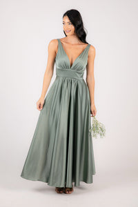 Sage Green Coloured Satin A-line Maxi Dress with V Neckline, Gathered Detail and V Open Back