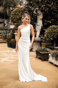 Ivory White High Shine Stretch Satin One Shoulder Long Evening Gown with Gathered Waist Detail