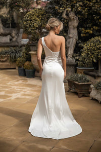 Bare Shoulder Back Image of Ivory White High Shine Stretch Satin One Shoulder Long Evening Gown with Gathered Waist Detail