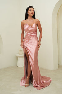 Light Pink Fitted Stretch Satin Full Length Evening Gown with Strapless Neckline and Side Slit