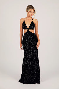 Black Velvet Sequin Fitted Evening Long Gown with Thin Shoulder Straps, Side Cut Outs and Mermaid Full Length Skirt