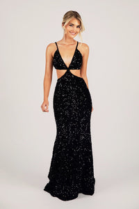 Black Velvet Sequin Fitted Evening Long Gown with Thin Shoulder Straps, Side Cut Outs and Mermaid Full Length Skirt