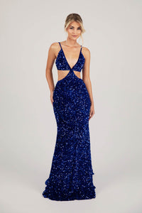 Royal Blue Velvet Sequin Fitted Evening Long Gown with Thin Shoulder Straps, Side Cut Outs and Mermaid Full Length Skirt