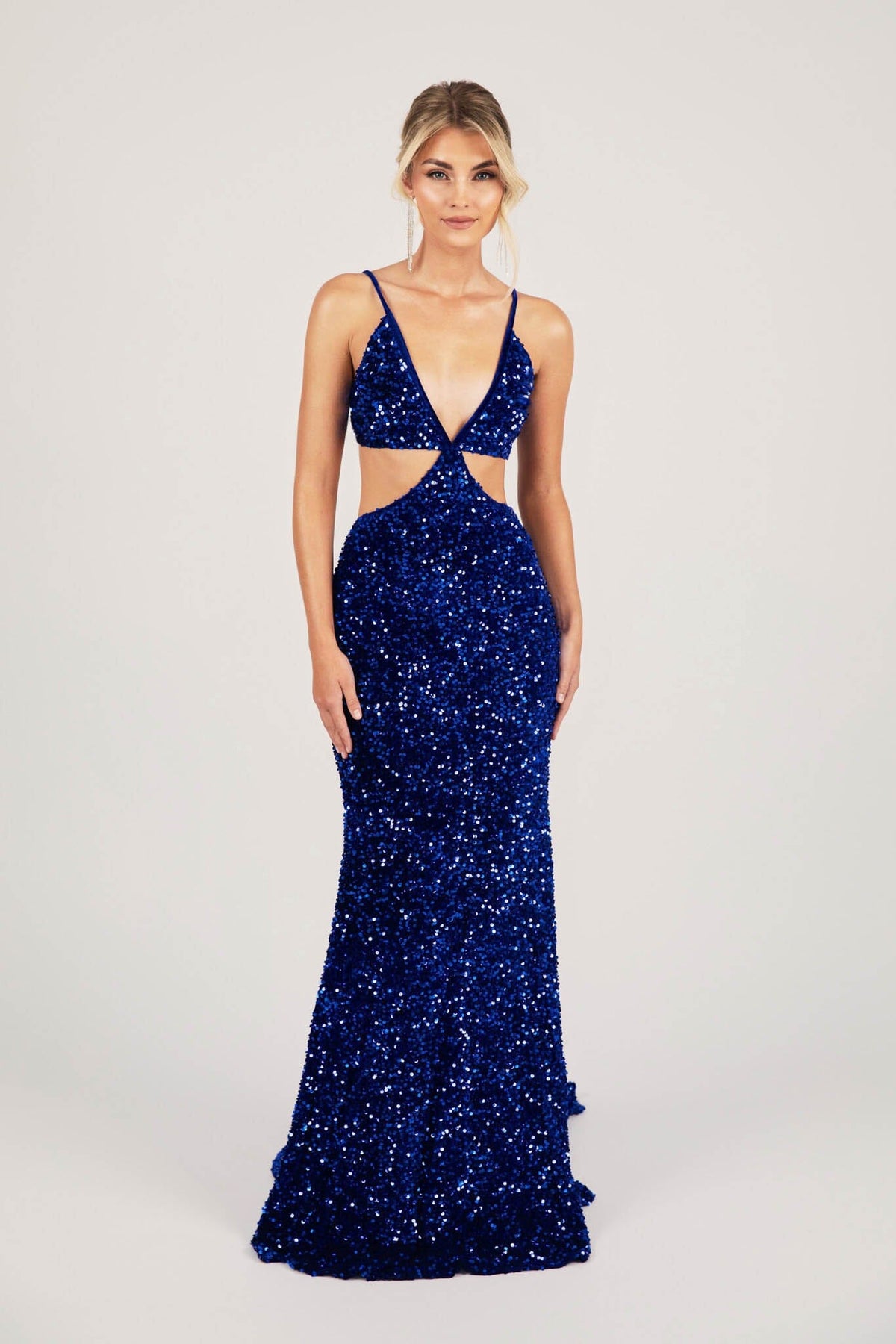 Royal Blue Velvet Sequin Fitted Evening Long Gown with Thin Shoulder Straps, Side Cut Outs and Mermaid Full Length Skirt