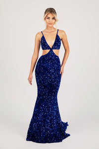 Royal Blue Velvet Sequin Fitted Evening Long Gown with Thin Shoulder Straps, Side Cut Outs and Mermaid Full Length Skirt