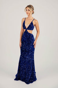 Side Cut Out Details of Royal Blue Velvet Sequin Fitted Evening Long Gown with Thin Shoulder Straps and Mermaid Full Length Skirt