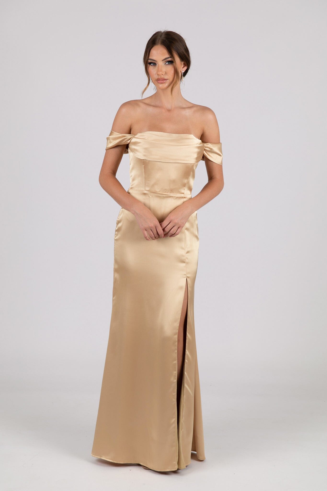 Peyton Strapless Satin Maxi Dress Neutral Gold Noodz Boutique