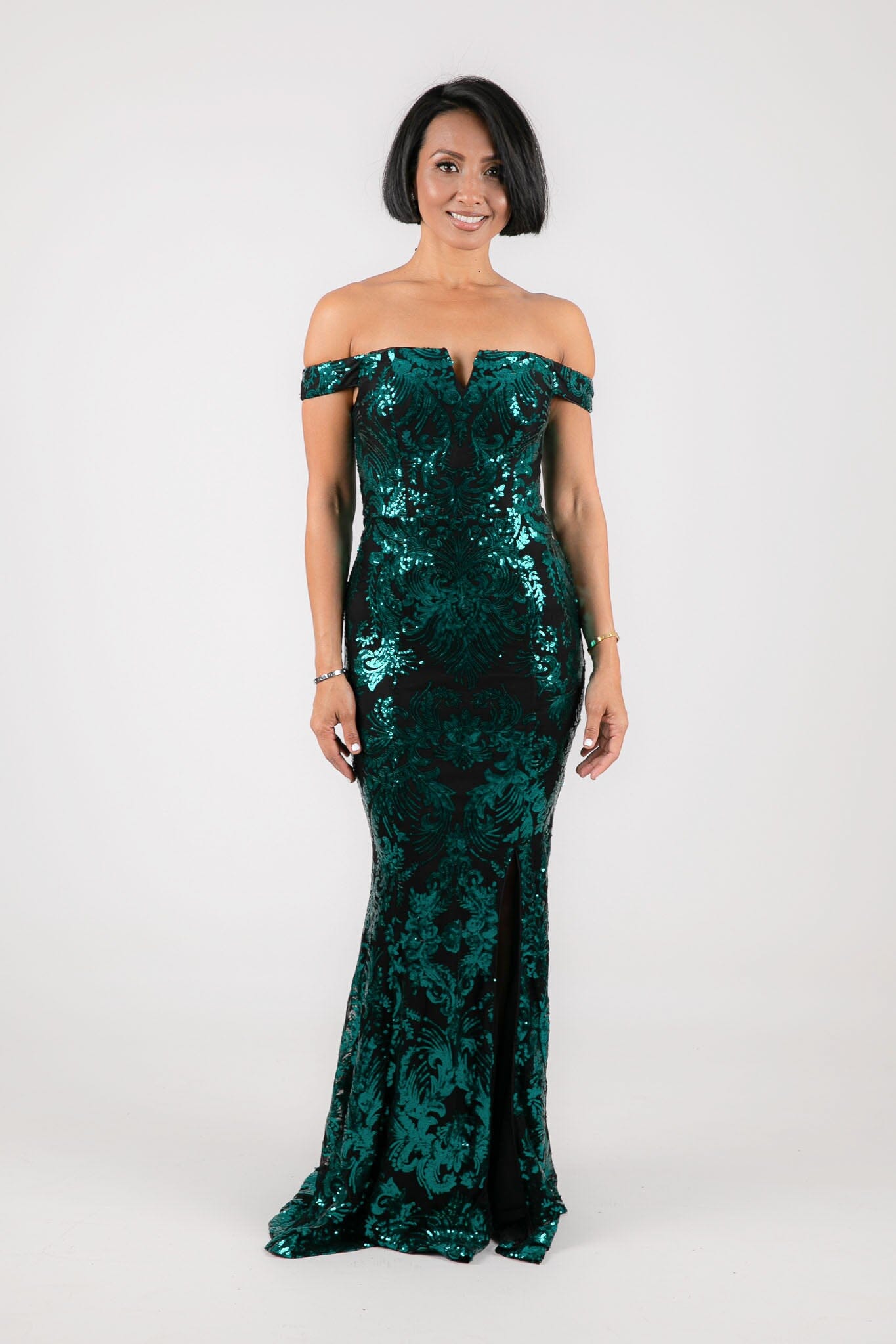 Ramona Off Shoulder Sequin Gown Emerald Noodz Boutique