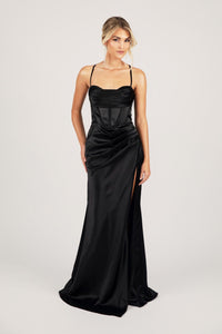 Black Evening Gown with Corset Bodice, Draped Detail over Sweetheart Neckline, Thin Shoulder Straps, Lace Up Back and High Side Split