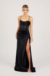 Black Evening Gown with Corset Bodice, Draped Detail over Sweetheart Neckline, Thin Shoulder Straps, Lace Up Back and High Side Split