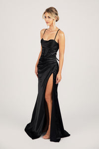 Thigh High Side Slit of Black Evening Gown with Corset Bodice, Draped Detail over Sweetheart Neckline, Thin Shoulder Straps and Lace Up Back