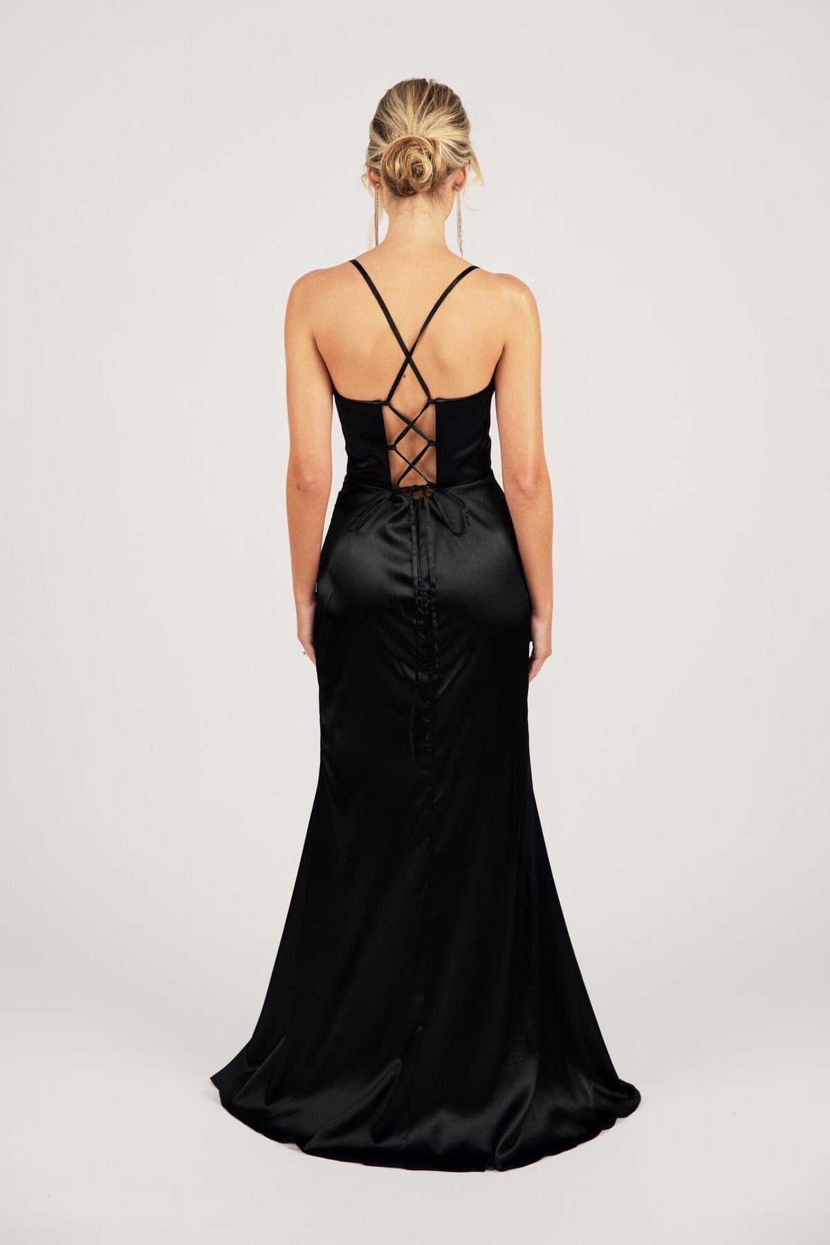 Lace Up Back Design of Black Evening Gown with Corset Bodice, Draped Detail over Sweetheart Neckline, Thin Shoulder Straps and High Side Split