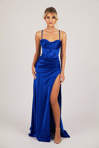 Royal Blue Evening Gown with Corset Bodice, Draped Detail over Sweetheart Neckline, Thin Shoulder Straps, Lace Up Back and High Side Split