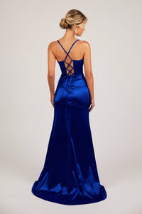 Lace Up Back Design of Royal Blue Evening Gown with Corset Bodice, Draped Detail over Sweetheart Neckline, Thin Shoulder Straps, and High Side Split